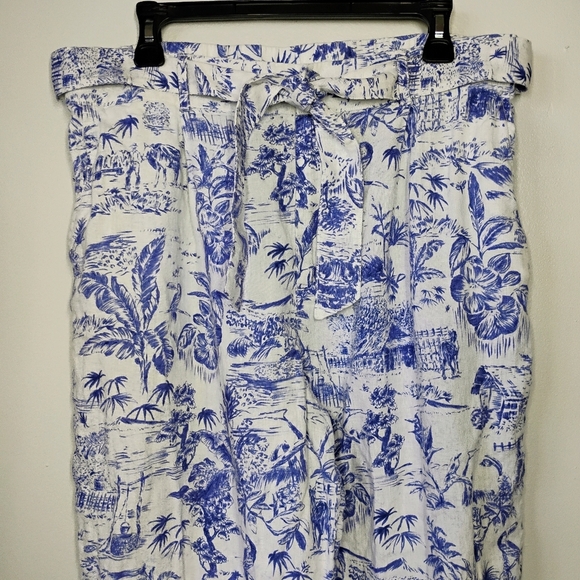 Joie Linen Wide Leg Belted Pants White Blue Tropical Beachy Coastal Size XL - Picture 3 of 14